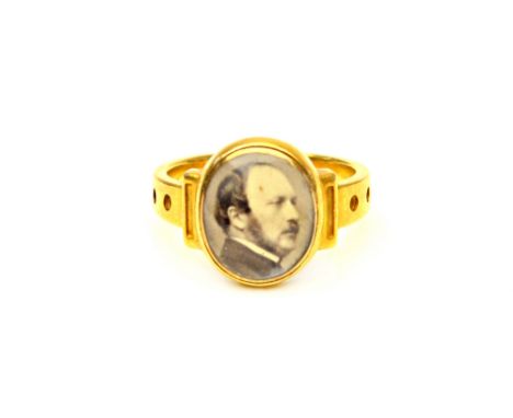 A gold ring, set with a black and white photograph of Prince Albert, The Prince Consort (1819-1861), ring size K and a half, 