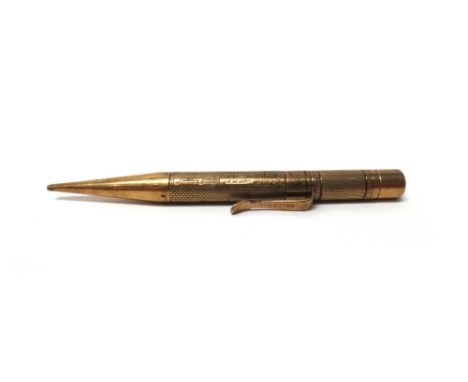 A 9ct gold cased propelling pencil, with engine turned decoration by S. Mordan & Co, London 1923.