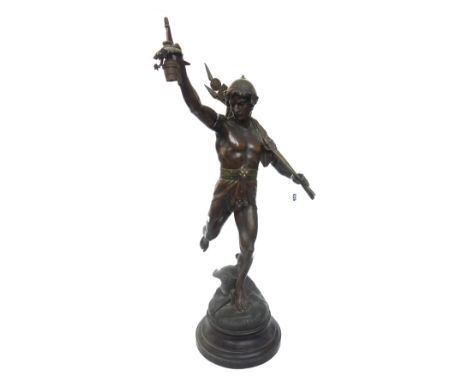 After Emile Picault, a French patinated spelter figural table lamp, titled 'Opima Spolia', on a turned circular plinth (a.f),