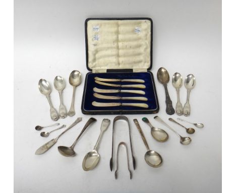 Silver flatware, comprising; five silver bladed tea knives, having mother of pearl handles, Sheffield 1922, cased, five doubl