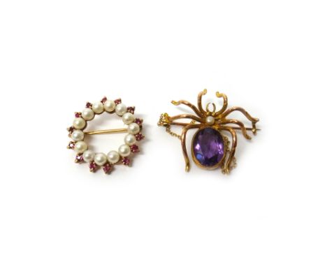 A gold, amethyst and pearl brooch, designed as a spider, the body mounted with an oval cut amethyst, detailed 9 and a 9ct gol
