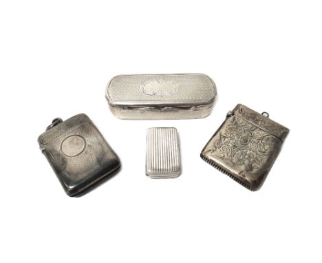 Silver, comprising; a Victorian curved rectangular snuff box, gilt within, the exterior engine turned and with a vacant rococ