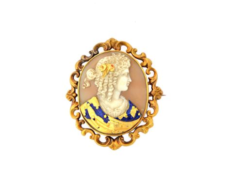 A Victorian gold and enamel mounted oval shell cameo brooch, carved as the portrait of a lady, her clothing with traces of bl