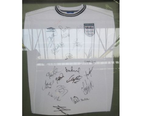 Sporting memorabilia; a signed England football shirt, England V Scotland 2000 European Championship Playoff, framed and glaz