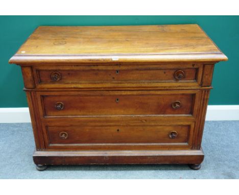 A late 18th century French walnut three drawer commode on bun feet, 121cm wide x 85cm high x 59cm deep 