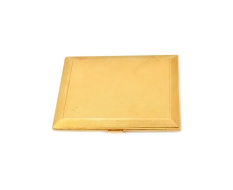 A 9ct gold rectangular cigarette case, the exterior engine turned, detailed within, Bert from May, Birmingham 1930, gross wei