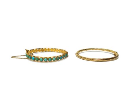 A Middle Eastern gold and turquoise set oval hinged bangle, fitted with a safety chain, gross weight 14.4 gms and a 9ct gold 