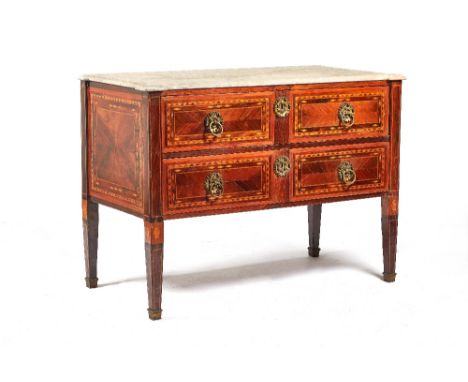 A late 18th century Italian parquetry inlaid rosewood and walnut commode, the shaped marble top with outstepped square corner