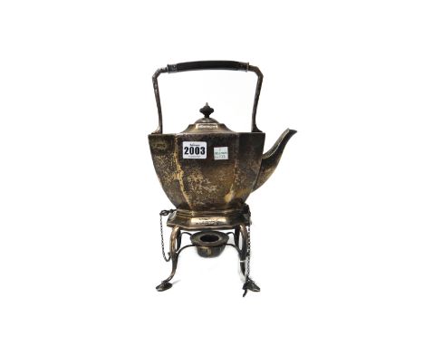 A Victorian silver spirit kettle and stand, of tapered octagonal form, fitted with a wooden handle and with a spirit burner, 