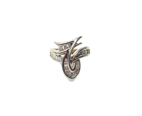 A gold and diamond ring, in a twist and scrolling design, mounted with baguette and circular cut diamonds, detailed 18 K 750,