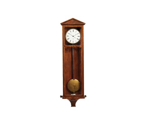 A mahogany and satinwood strung wall regulator, 20th century, with architectural pediment and glazed rectangular case, enclos