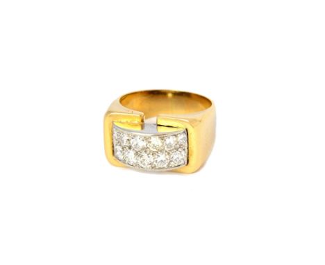 A gold and diamond set cocktail style ring, mounted with two rows of circular cut diamonds, in a curved design, circa 1950, r