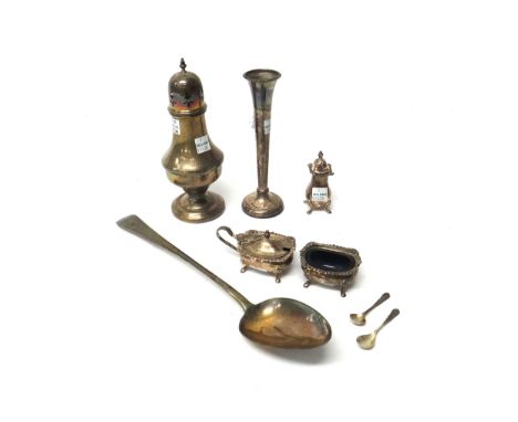 Silver and silver mounted wares, comprising; an Old English pattern stuffing spoon, London 1807, a sugar caster, Birmingham 1