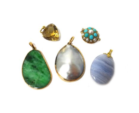 A gold mounted jade pendant with carved and pierced decoration, a pale blue stained agate oval pendant, a mabe pearl oval pen