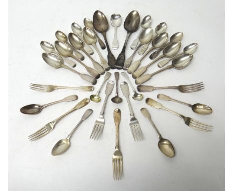 Silver fiddle pattern table flatware, comprising; a pair of tablespoons, London 1820, six dessert spoons, mixed dates, seven 