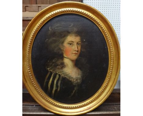 English school (Late 18th/early 19th century), Portrait of Mrs Hawkins, oil on canvas, oval, 28cm x 23cm. 