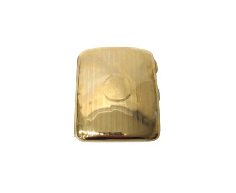A 9ct gold curved rectangular cigarette case, the exterior with banded decoration, monogram engraved, the hallmark rubbed, gr