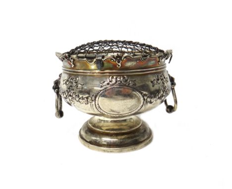 A silver twin handled rose bowl, with lion mask and ring handles, having a shaped rim, raised on a circular foot, Birmingham 