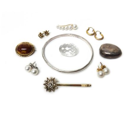 A silver Links of London bangle, text engraved, a pair of 9ct gold hoop shaped earrings, a pair of 9ct gold earstuds, two pai