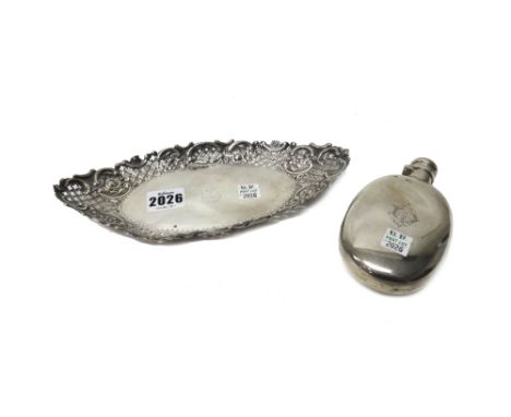 Silver, comprising; a Victorian shaped oval dish, decorated with a cast and pierced border, crest engraved, length 23.5cm, Sh