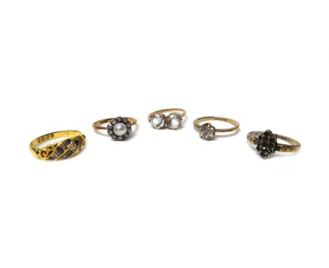 An 18ct gold, sapphire and diamond ring, in a twin scrolling design, Chester 1903, a gold, cultured pearl and diamond cluster