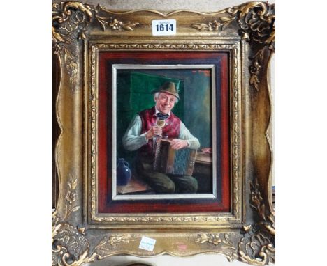 Otto Kirchner (1887-1960), Accordion player, oil on panel, signed, 17cm x 12.5cm. 