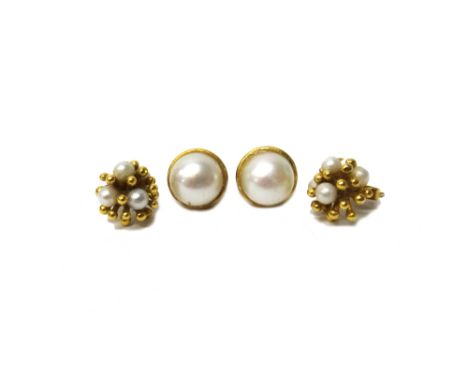 A pair of 18ct gold and cultured pearl earstuds, in a post and beaded cluster design, the backs with post and butterfly clip 