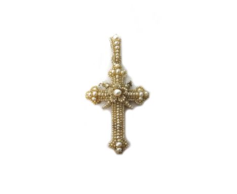 A seed pearl and mother-of-pearl set pendant cross, having a central flower head shaped motif, mid-19th century, with a later