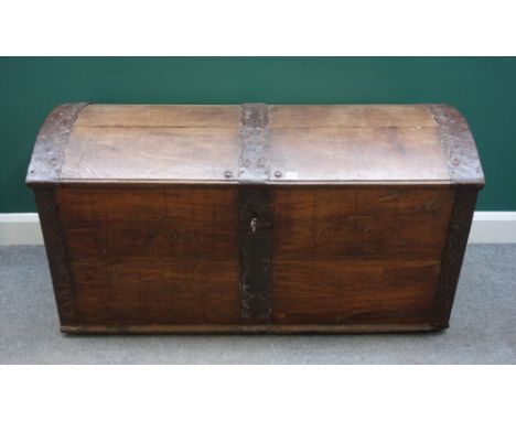 A 19th century French metal banded oak dome top trunk, 137cm wide x 72cm high x 65cm deep. 