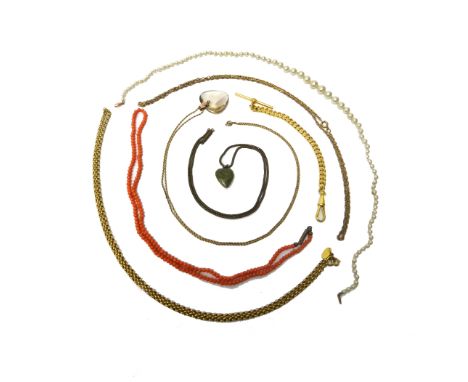 A seed pearl necklace, with a mother of pearl and seed pearl pendant, a single row necklace of coral beads, a smoky quartz he