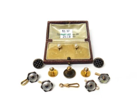 A pair of gold and cultured pearl dress studs, with a case, a pair of rose diamond and blue enamelled dress buttons converted