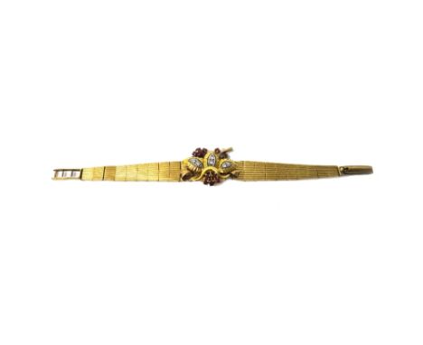 A lady's 9ct gold, ruby and diamond set Josarn cocktail bracelet wristwatch, the jewelled movement detailed Swiss Made, the s