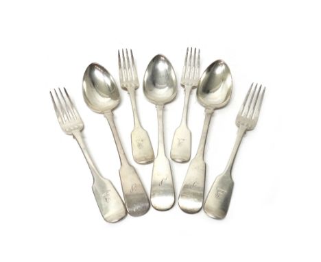 Three Scottish silver fiddle pattern tablespoons, Glasgow 1830 and four silver fiddle pattern table forks, London 1835, combi