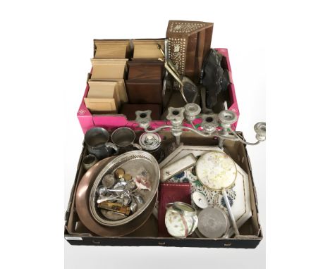 A group of wooden table boxes, Indian bone inlaid correspondence rack, EPNS candelabra, dressing table mirrors, a Pietra Dura
