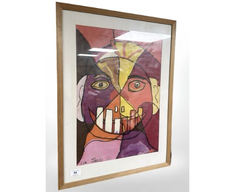 Danish School : Portrait of figure with large teeth, oil on paper, 34 cm x 48 cm.