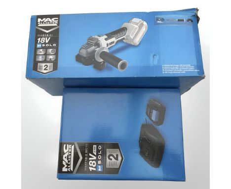 A MacAllister 18V angle grinder and battery charging kit, both parts boxed. 