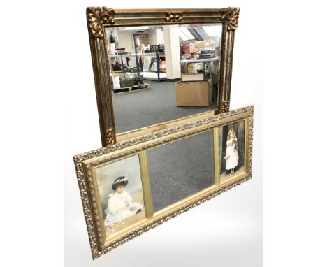 An ornate gilt framed mirror, a further mirror with two surrounding panels containing prints, and an unframed oil on canvas '