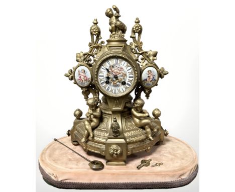 A 19th century French gilt metal and hand painted porcelain mantel clock, retailed by Bennett, 65 and 54 Cheapside, London, w