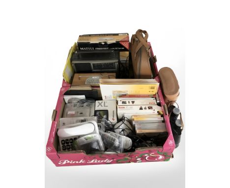 A quantity of electricals, pair of binoculars, digital radio, Kodak photography items, etc. (2 boxes)