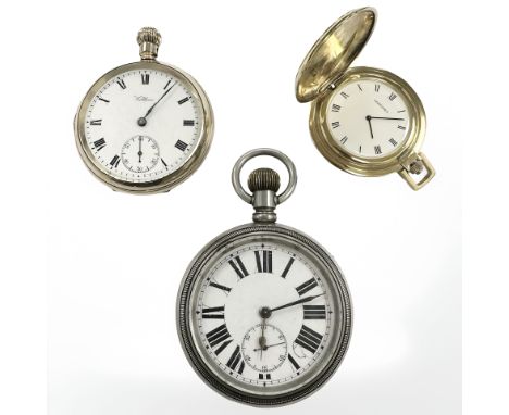 A Waltham gold-plated open face pocket watch, lacking hoop, a modern lady's Longines fob watch, and a further nickel open fac