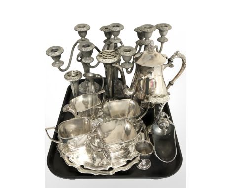 Three EPNS candelabra, further tea wares, salvers, bud vases, etc.