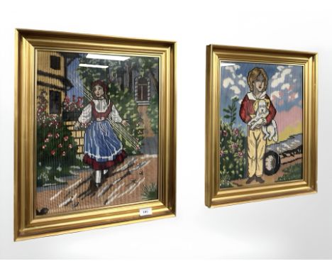 A Danish tapestry depicting a young girl wearing a blue dress, 34 cm x 44 cm, together with a further tapestry depicting a yo