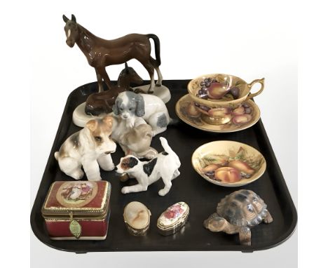 An Aynsley orchard gold tea cup and saucer, matching pin dish, animal ornaments including Nao, a Wade tortoise, enameled pill