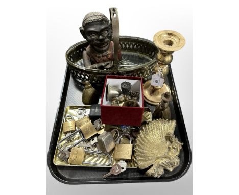 A quantity of padlocks, an Art Nouveau style fan dish, figural hand bells, brass candlestick, a cast iron money box, etc.