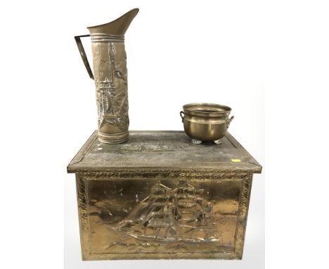 An embossed brass coal box, jug and a small planter 