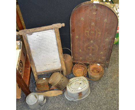 Boxes and Objects - an early 20th century fishing tackle box; iron cauldrons; bagatelle board; etc 