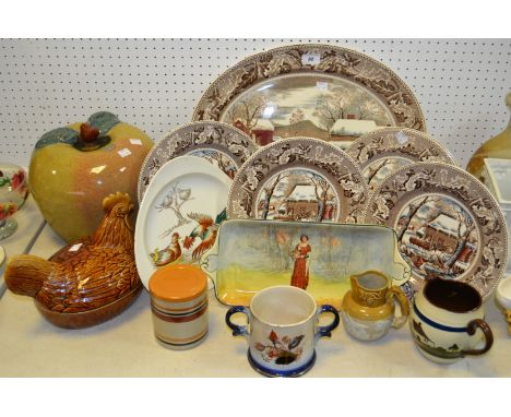 Ceramics - a Johnson Bros. Historic America, Thanksgiving Frozen Up pattern meat plate, seven conforming dinner plates; a Dou