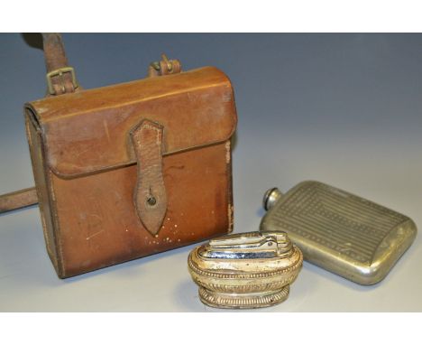 An early 20th century saddle pack, with James Dixon sandwich  tin and flask; a Charles Renee Mackintosh pewter hip flask; a t