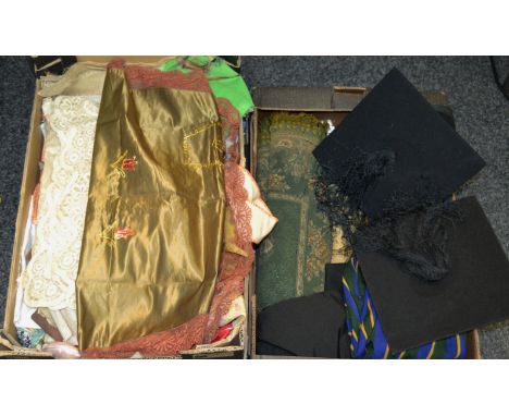 Textiles - equestrian silk scarf; embrodered scarf ; Flemish tapestry wall hangings; shawls; mortar boards; Oriental silk apr