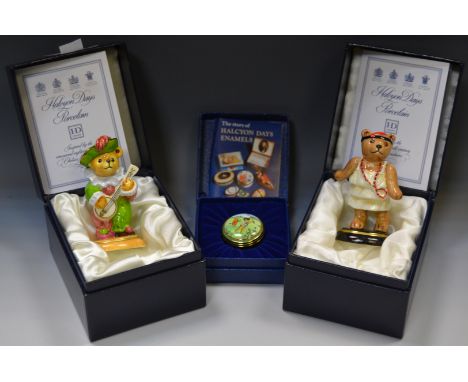 Halcyon Days Enamels - a Flapper Girl Teddy; an enamel patch pot and cover, Golfing Teddy; a Teddy Minstrel (3)